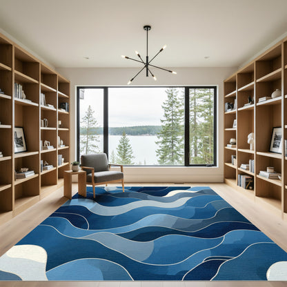 Abstract Deep Blue Flowing Waves Rug