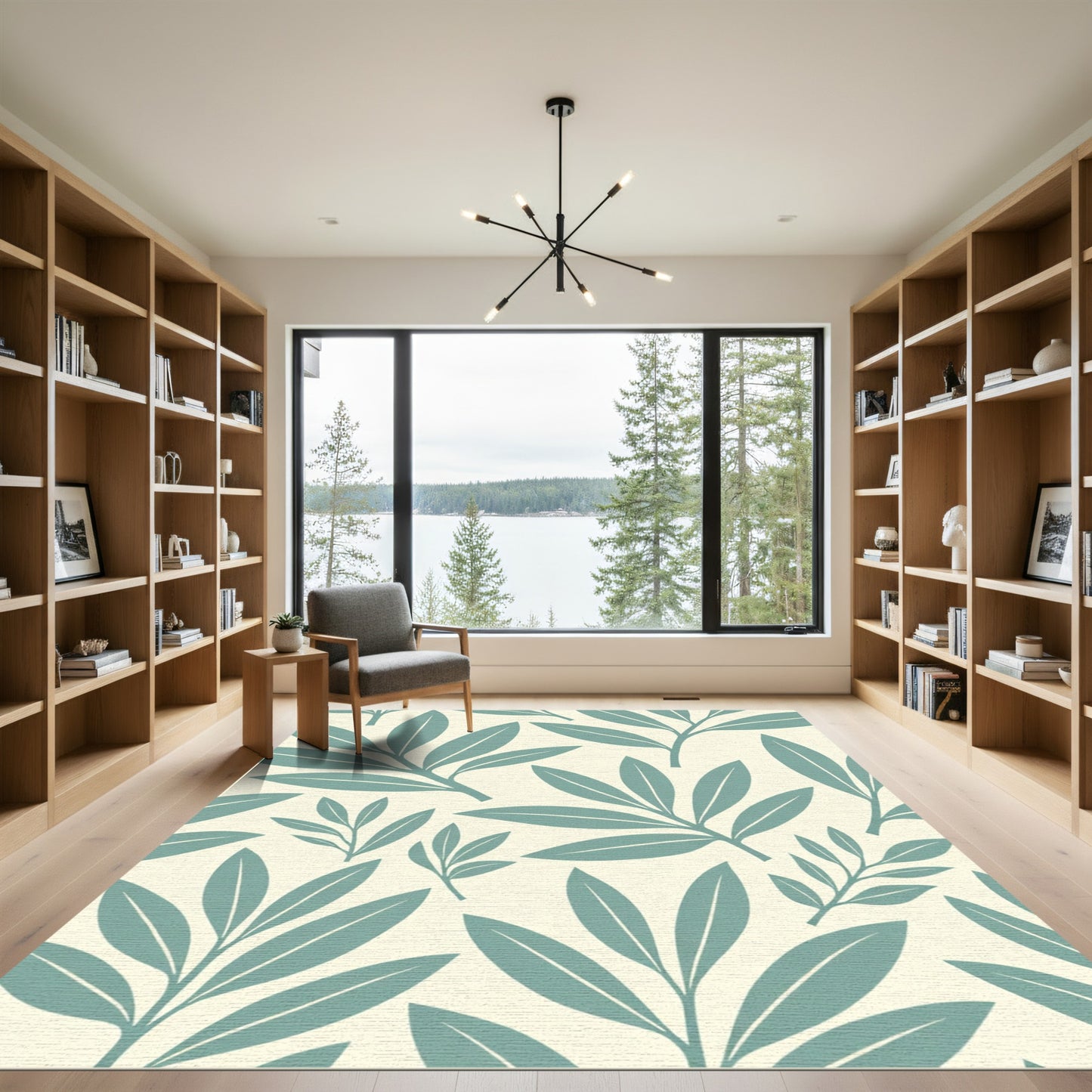 Teal Leaf Branches Cream Background Rug