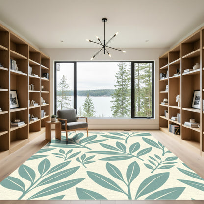 Teal Leaf Branches Cream Background Rug