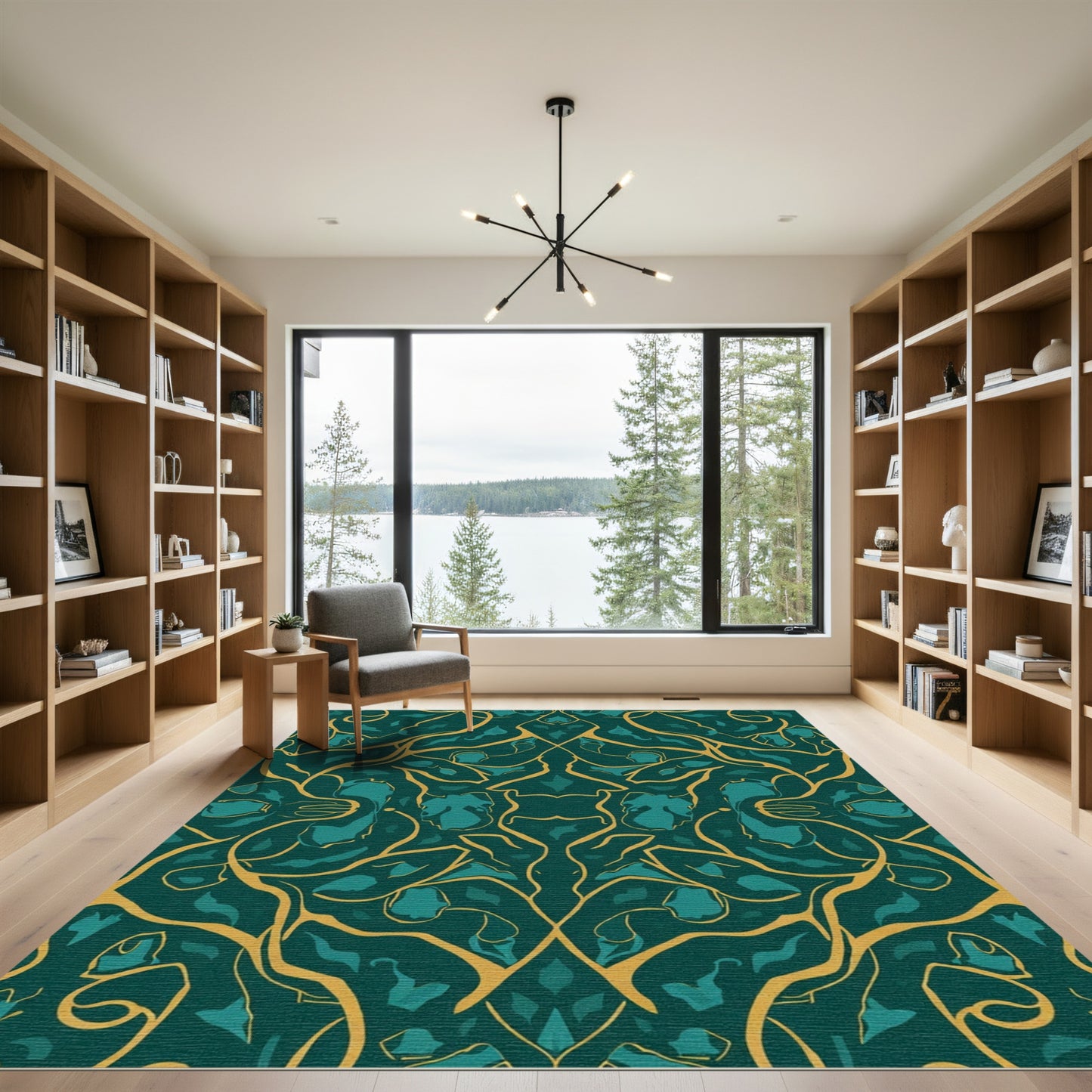 Emerald Teal Golden Vine Swirl Rug