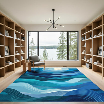 Deep Blue Abstract Wavy Landscape Rug