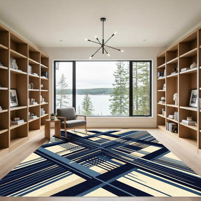 Navy Blue Plaid Geometric Overlay Rug