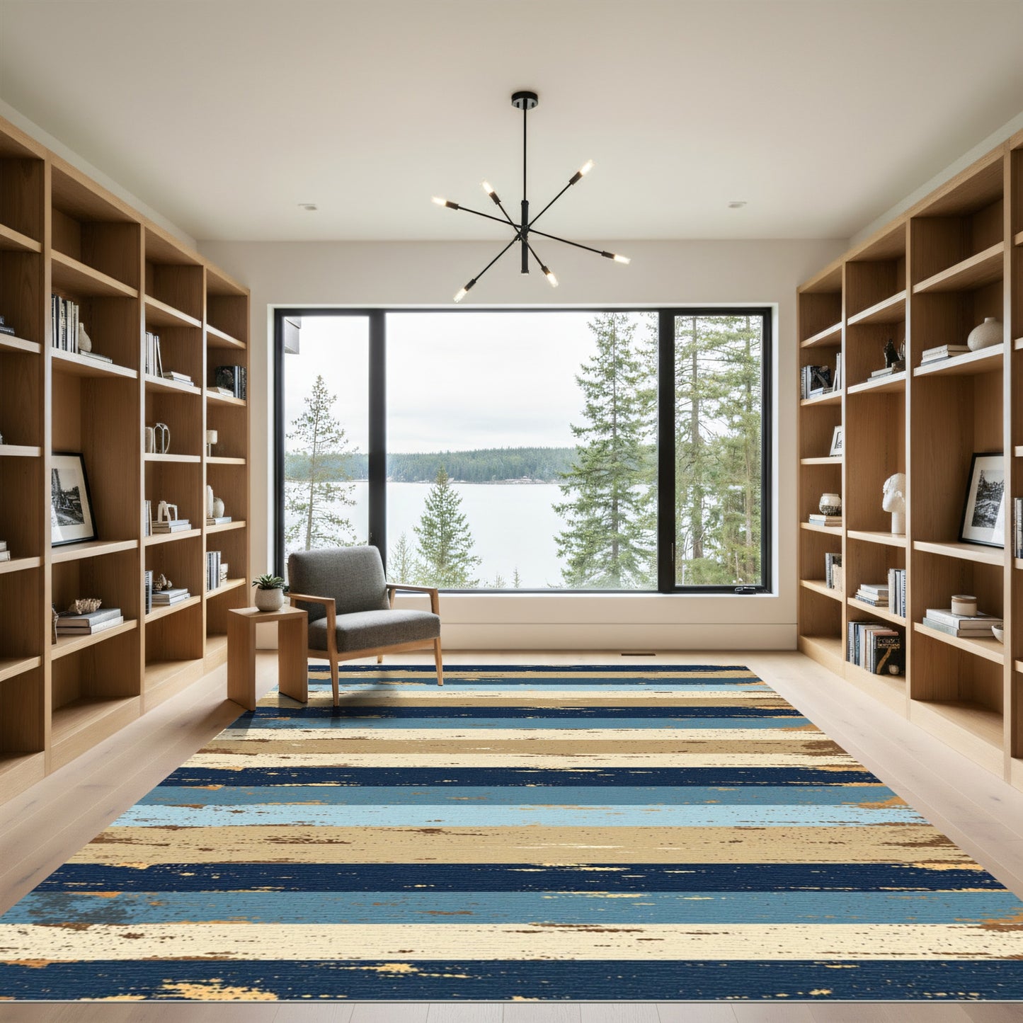 Distressed Navy and Taupe Striped Canvas Rug
