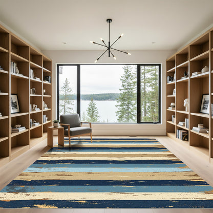 Distressed Navy and Taupe Striped Canvas Rug