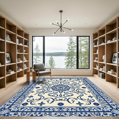 Classic Blue Floral Medallion Scroll Rug