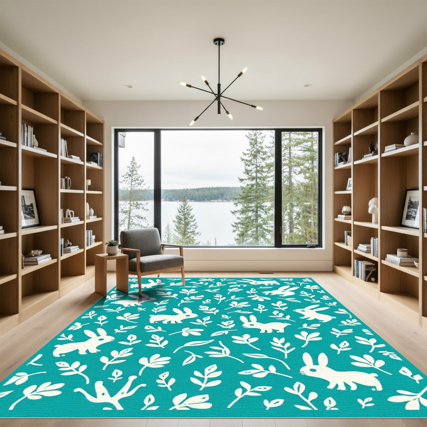 Teal White Bunny Floral Scatter Rug