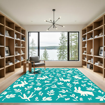 Teal White Bunny Floral Scatter Rug
