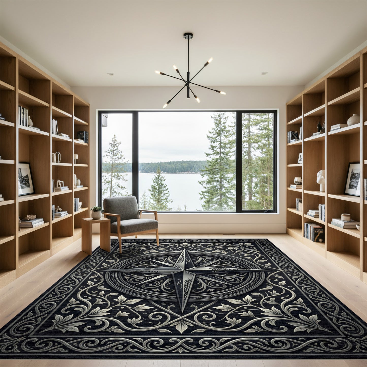 Ornate Black Silver Compass Vines Rug