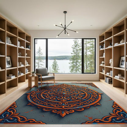 Ornate Burnt Orange Navy Circular Medallion Rug