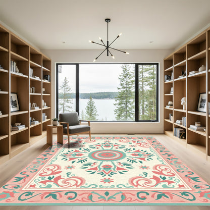 Coral Mint Medallion Floral Border Rug