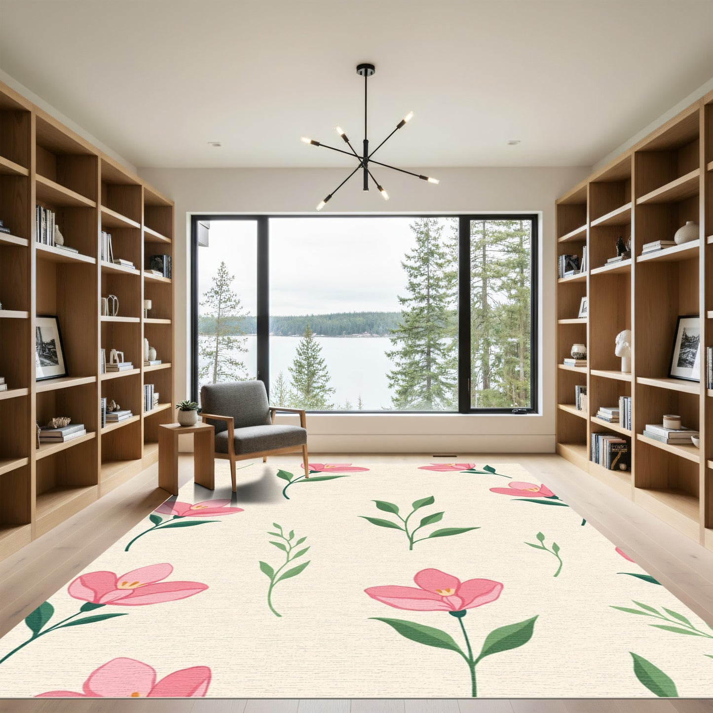 Pink Flower Branches Cream Background Rug