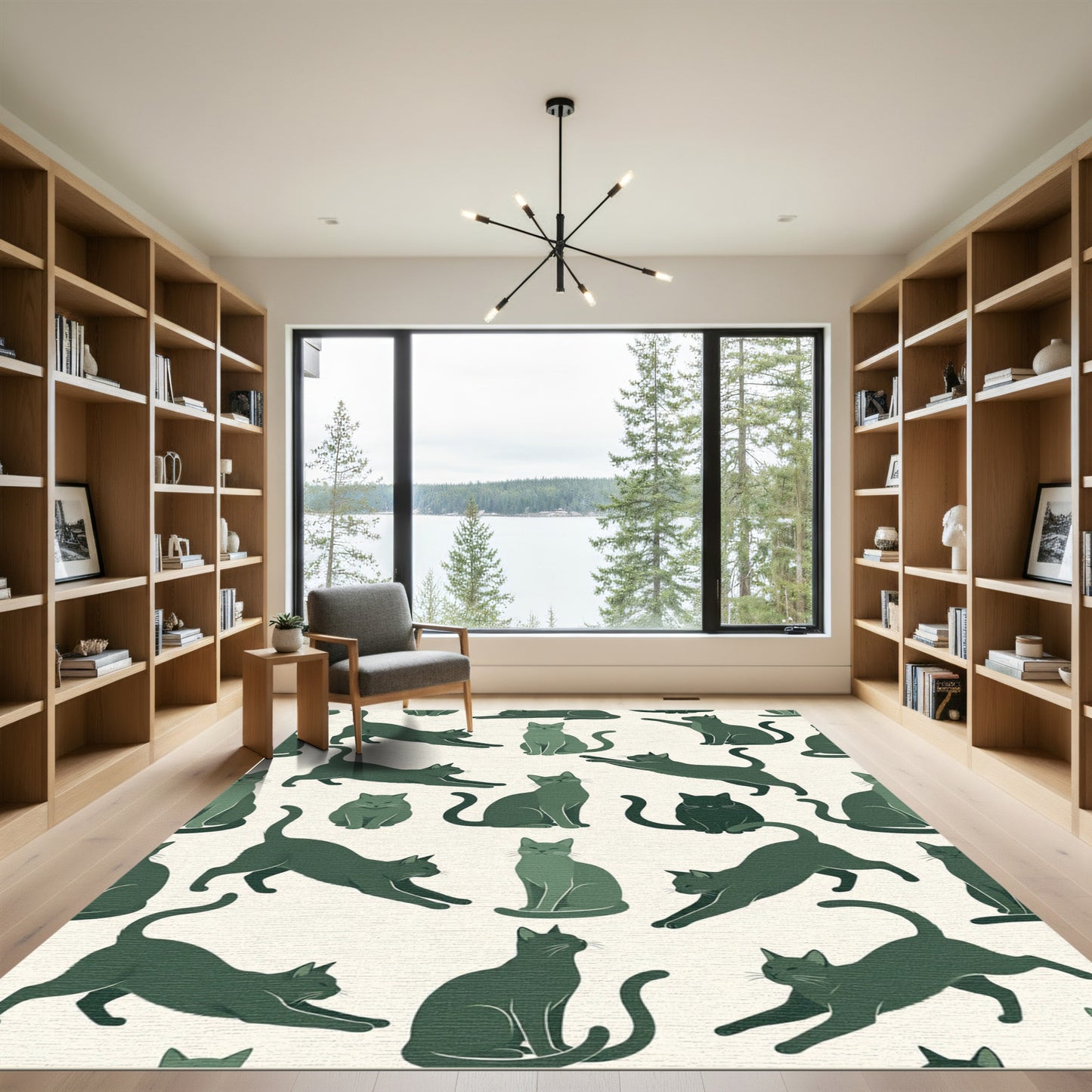 Minimalist Forest Green Stretching Cat Illustration Rug