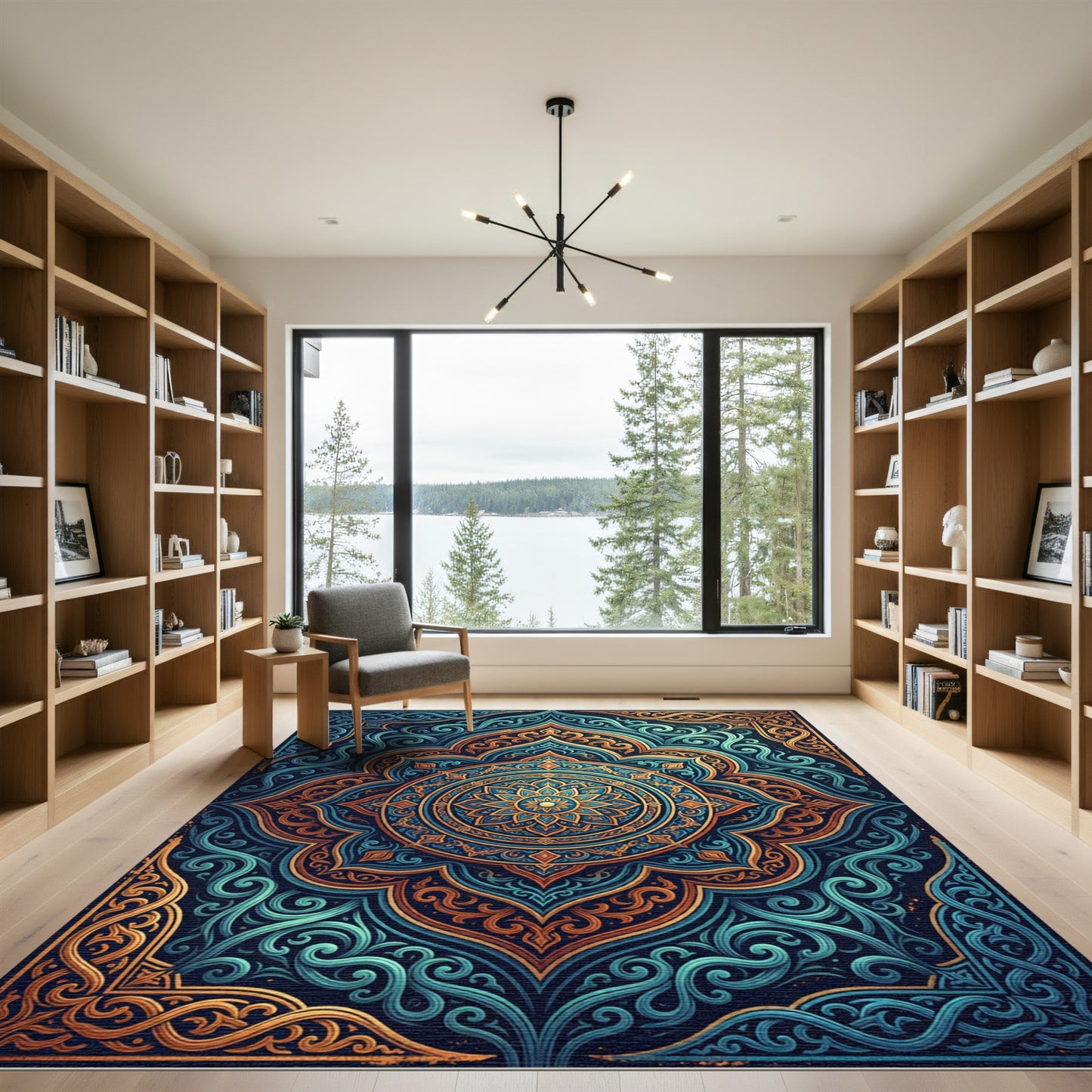 Elegant Teal and Gold Mandala Medallion Rug
