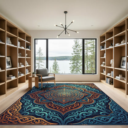 Elegant Teal and Gold Mandala Medallion Rug