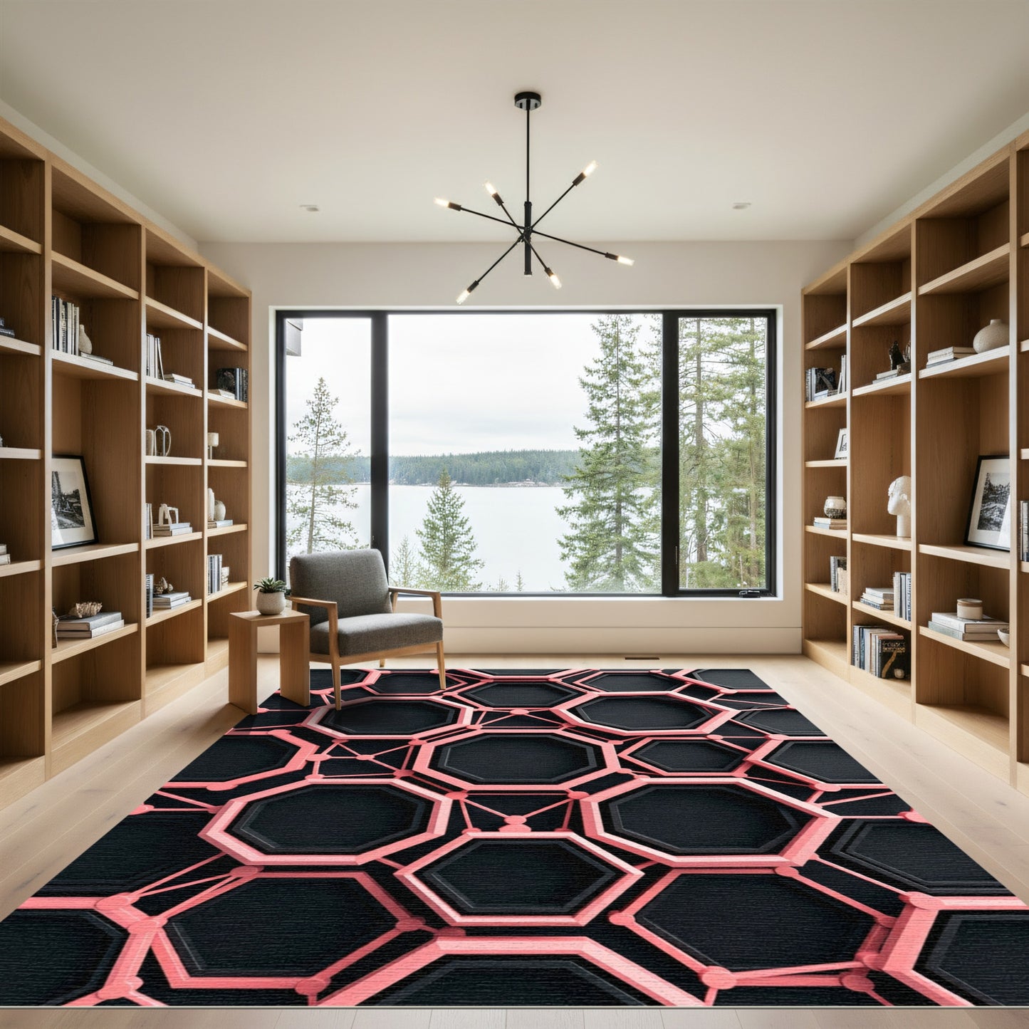 Modern Coral Pink Geometric Hexagon Interlink Rug
