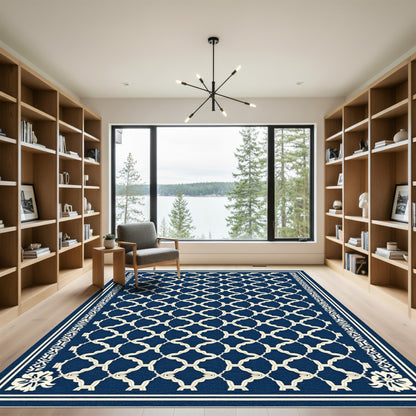 Navy Lattice With Cream Border Rug