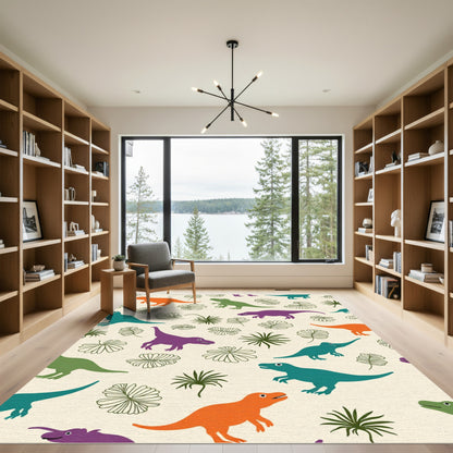 Playful Dinosaur Leafy Jungle Scene Rug
