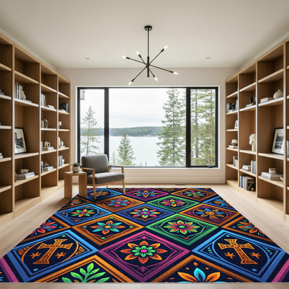 Vibrant Multicolored Geometric Floral Diamond Mosaic Rug