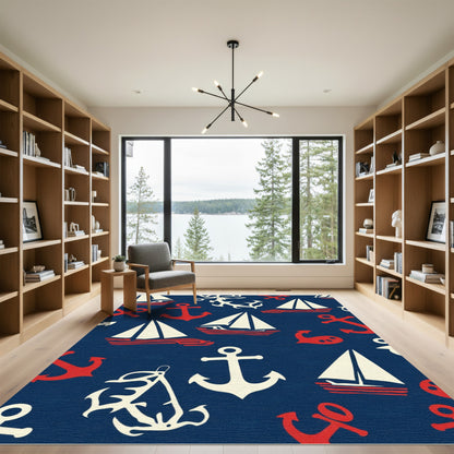 Navy Nautical Sailboat Anchor Collection Rug