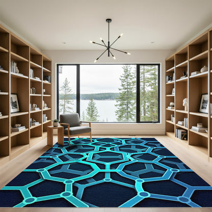 Modern Radiant Azure Interlocking Hexagon Rug