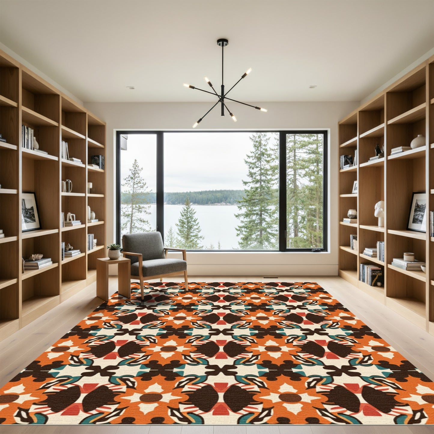 Orange Dark Brown Geometric Floral Medallion Rug
