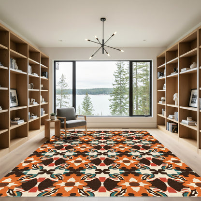 Orange Dark Brown Geometric Floral Medallion Rug