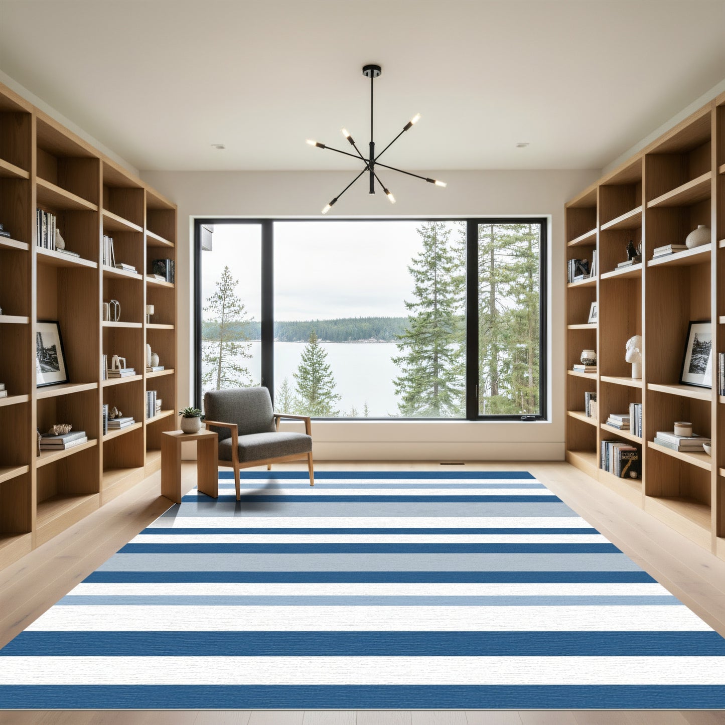 Modern Blue White Horizontal Stripe Rug
