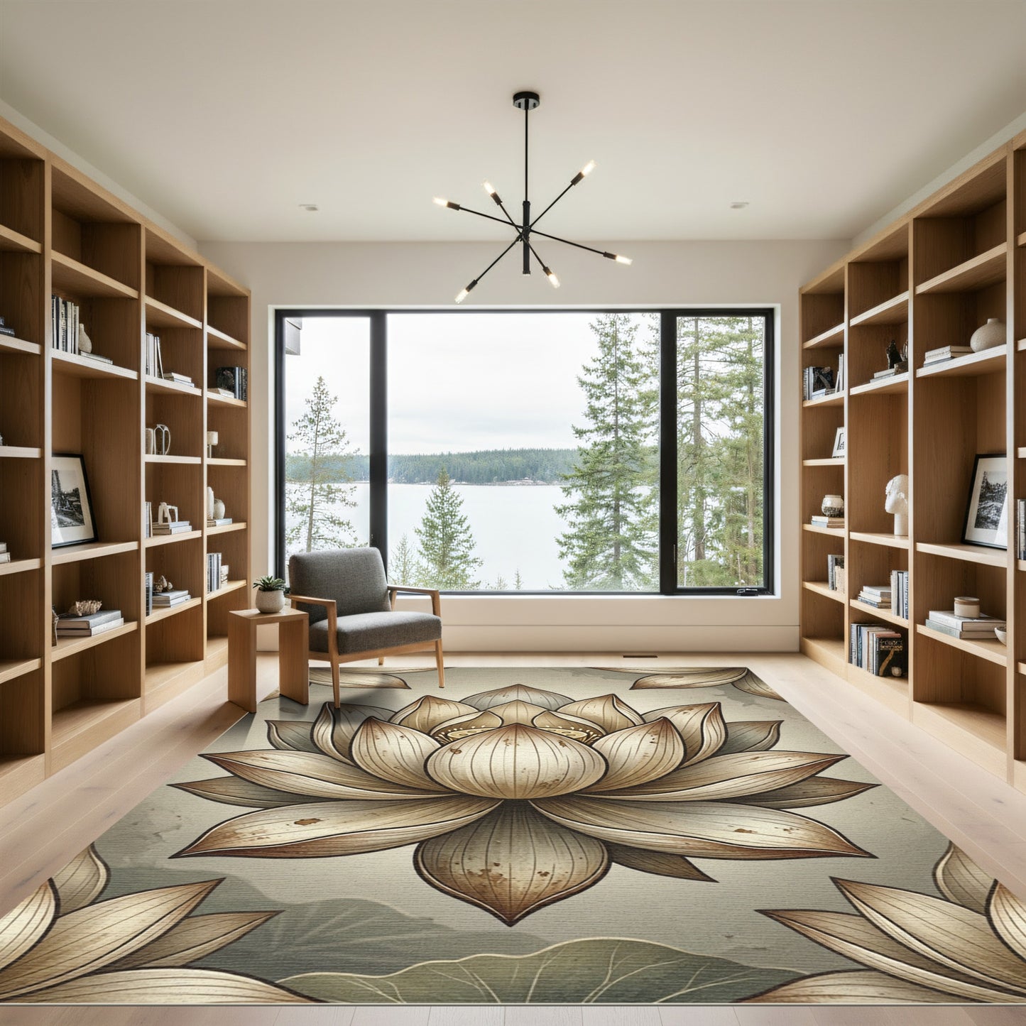 Neutral Sepia Lotus Flower Zen Illustration Rug