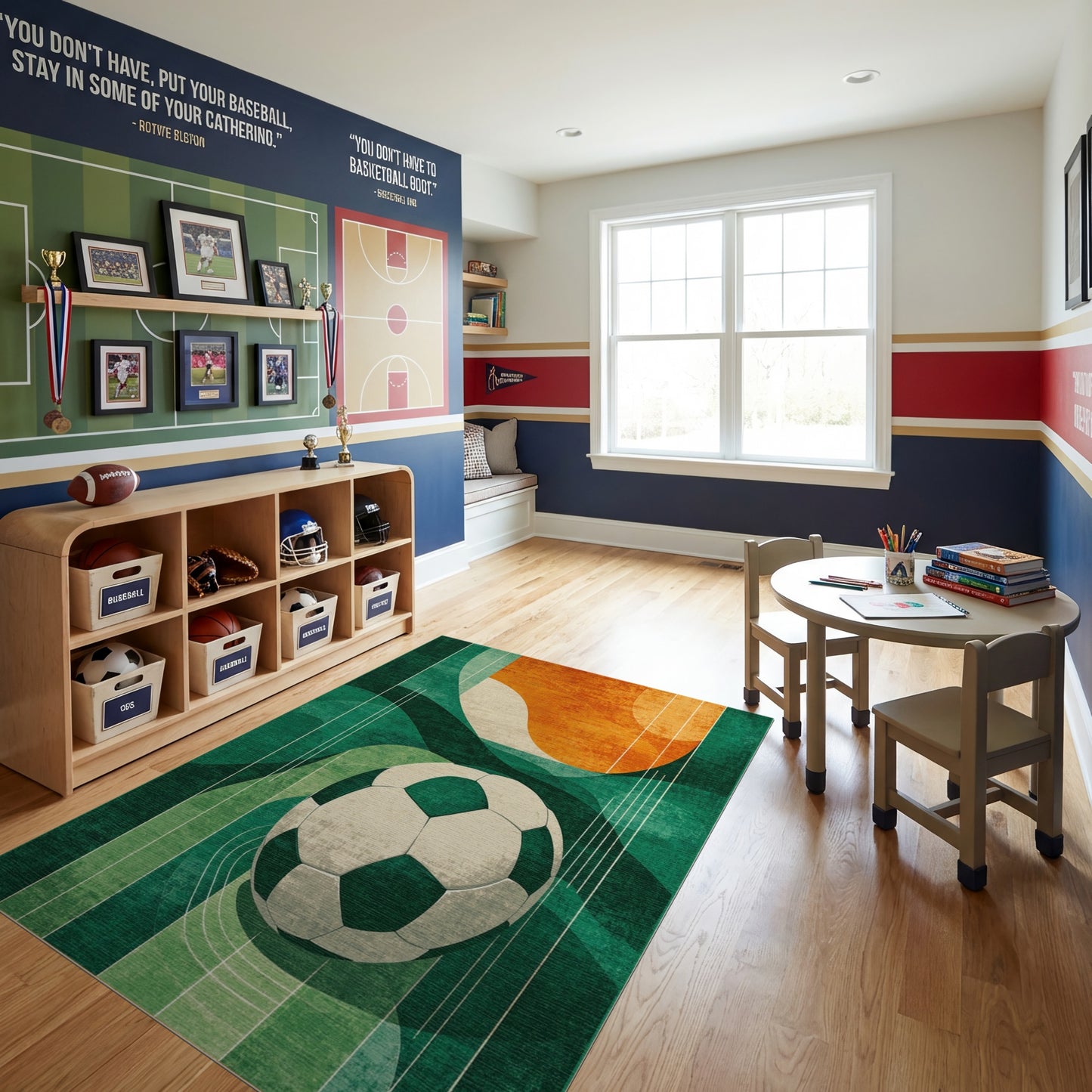 Retro Green Orange Soccer Ball Rug