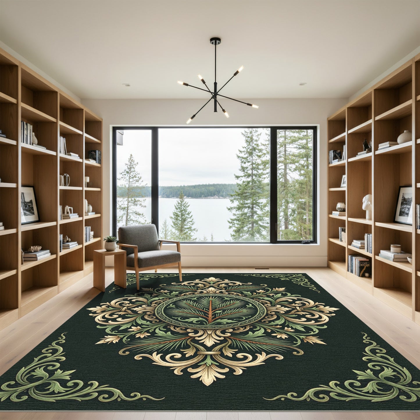 Elegant Green and Gold Laurel Medallion Rug