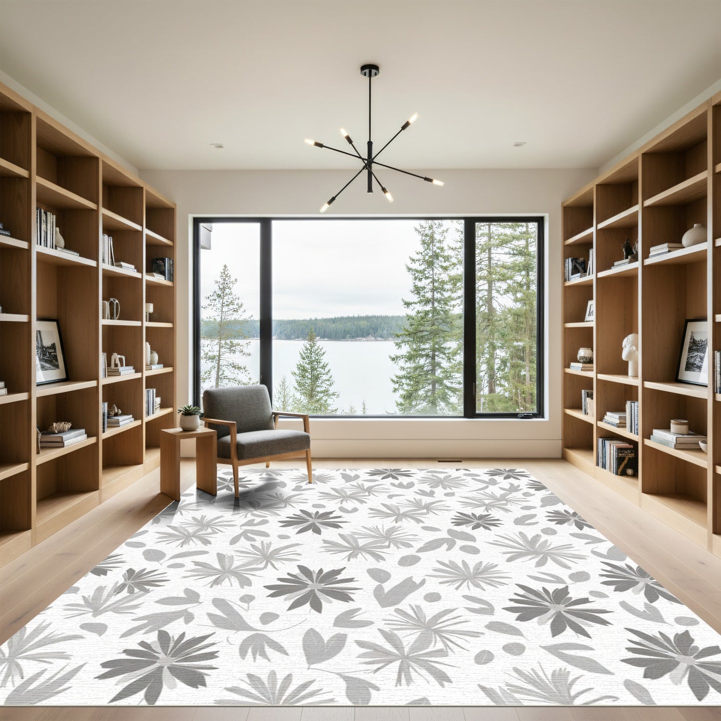Monochrome Floral Leaf Arrangement Rug