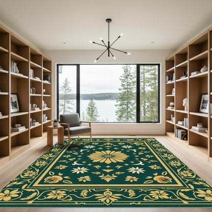 Regal Emerald Golden Floral Border Rug
