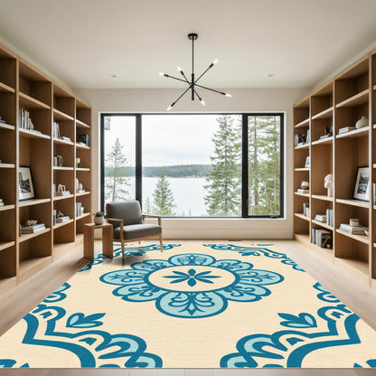 Teal Floral Medallion Cream Background Rug