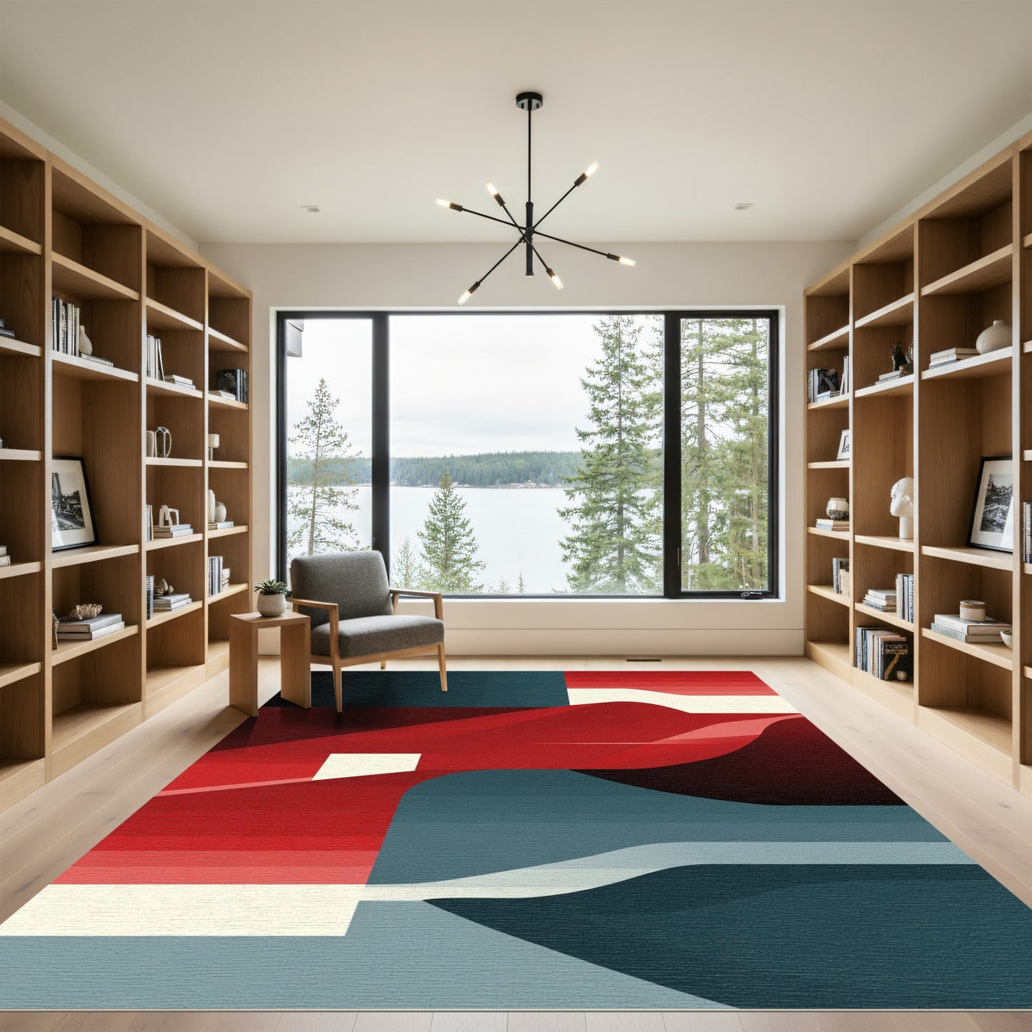 Abstract Red Blue Geometric Waves Rug