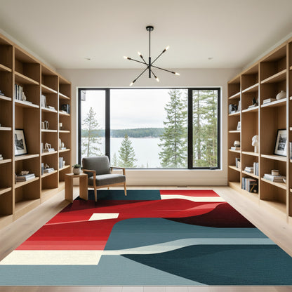 Abstract Red Blue Geometric Waves Rug