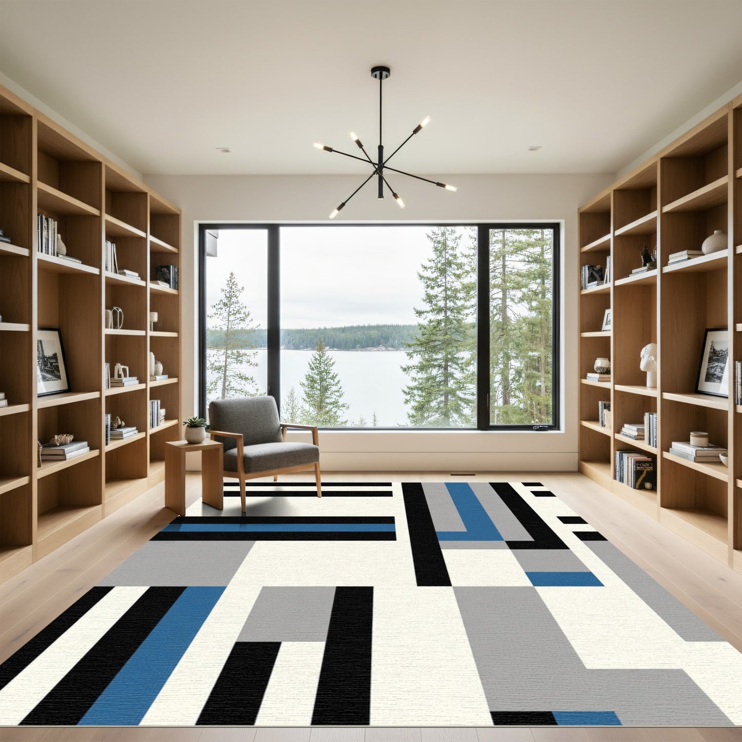 Modern Geometric Black Blue Gray Blocks Rug