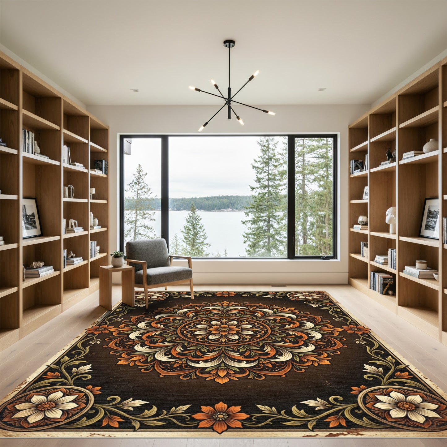 Earthy Amber Floral Medallion Scroll Rug