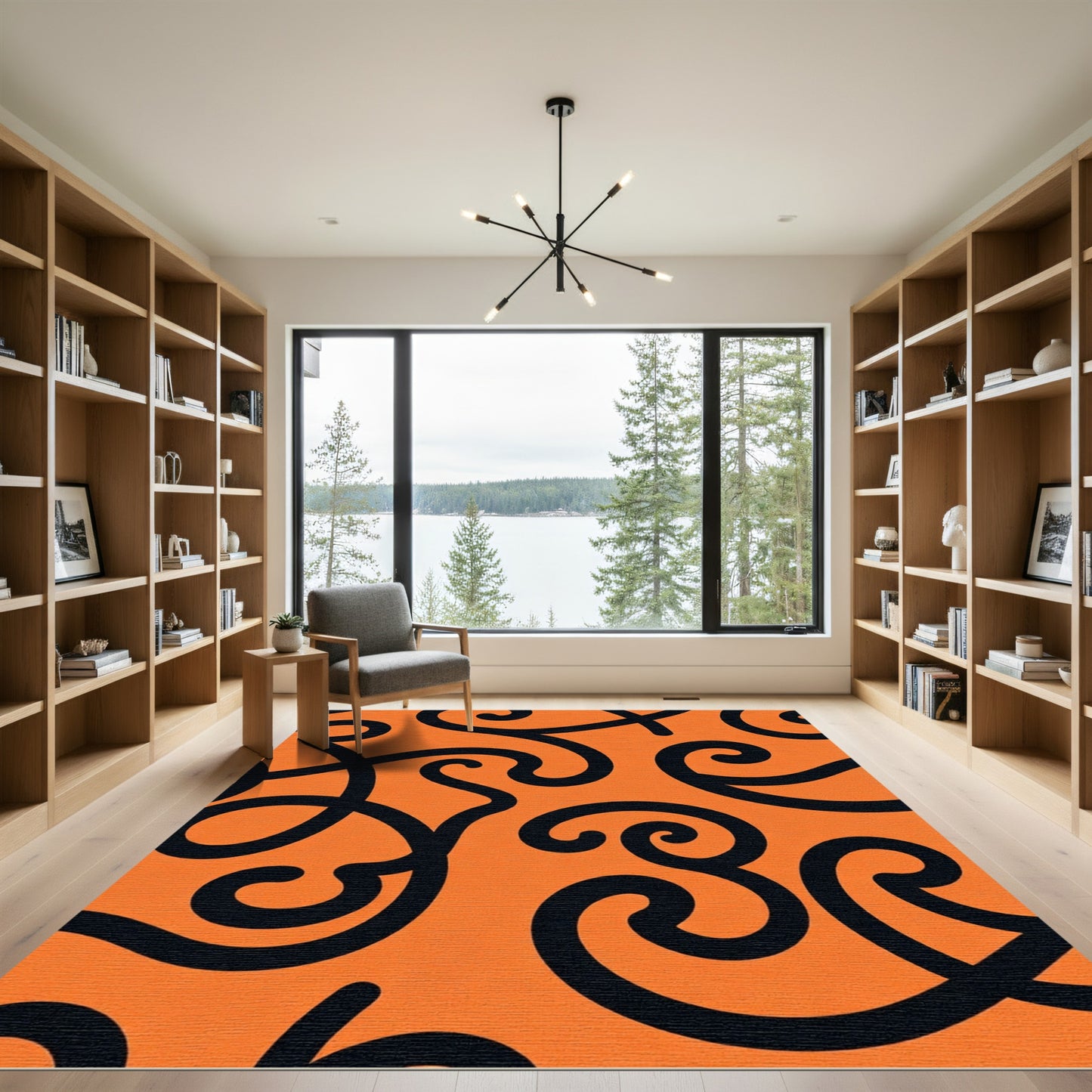 Bold Black Swirls Orange Rug