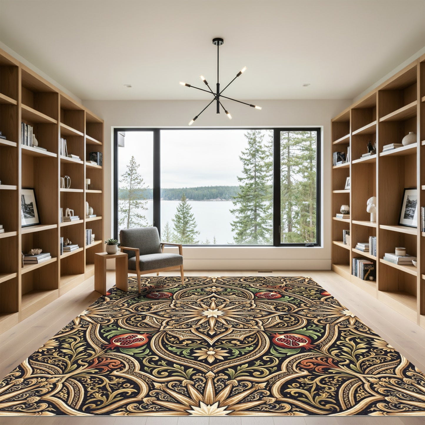 Ornate Black Gold Pomegranate Floral Rug