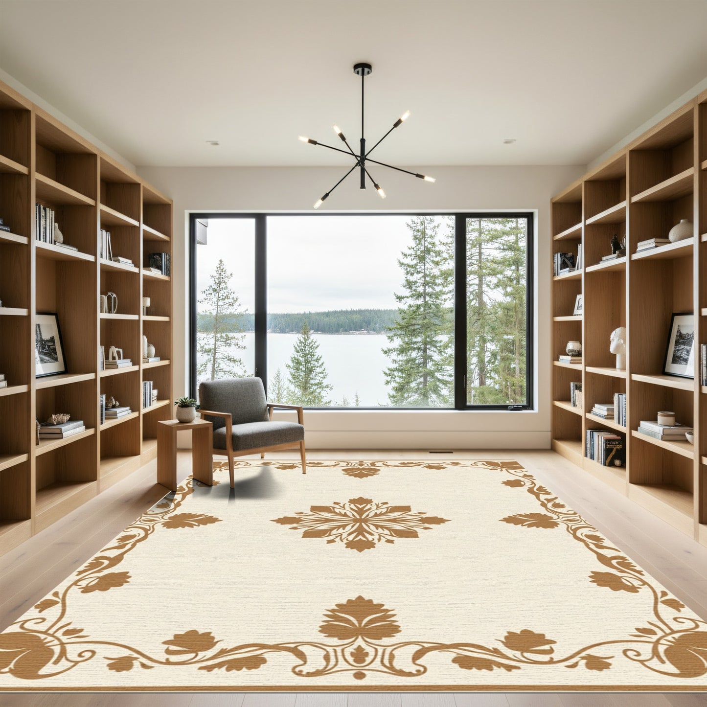 Cream Brown Floral Scroll Frame Rug