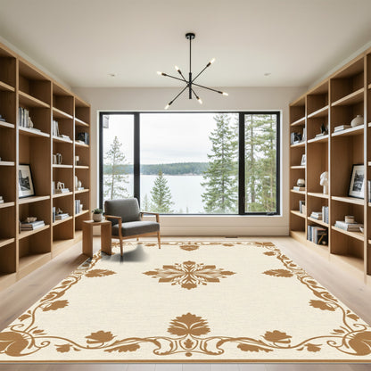 Cream Brown Floral Scroll Frame Rug