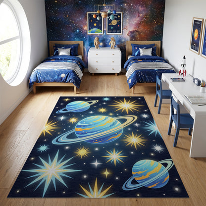Cosmic Blue Ringed Planets Stars Rug