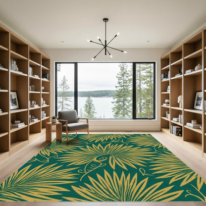 Emerald Gold Tropical Palm Frond Rug