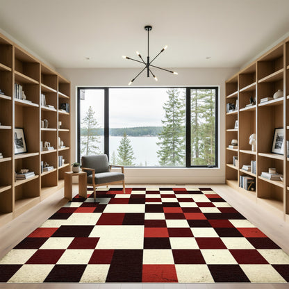 Distressed Red And Cream Geometric Grid Rug
