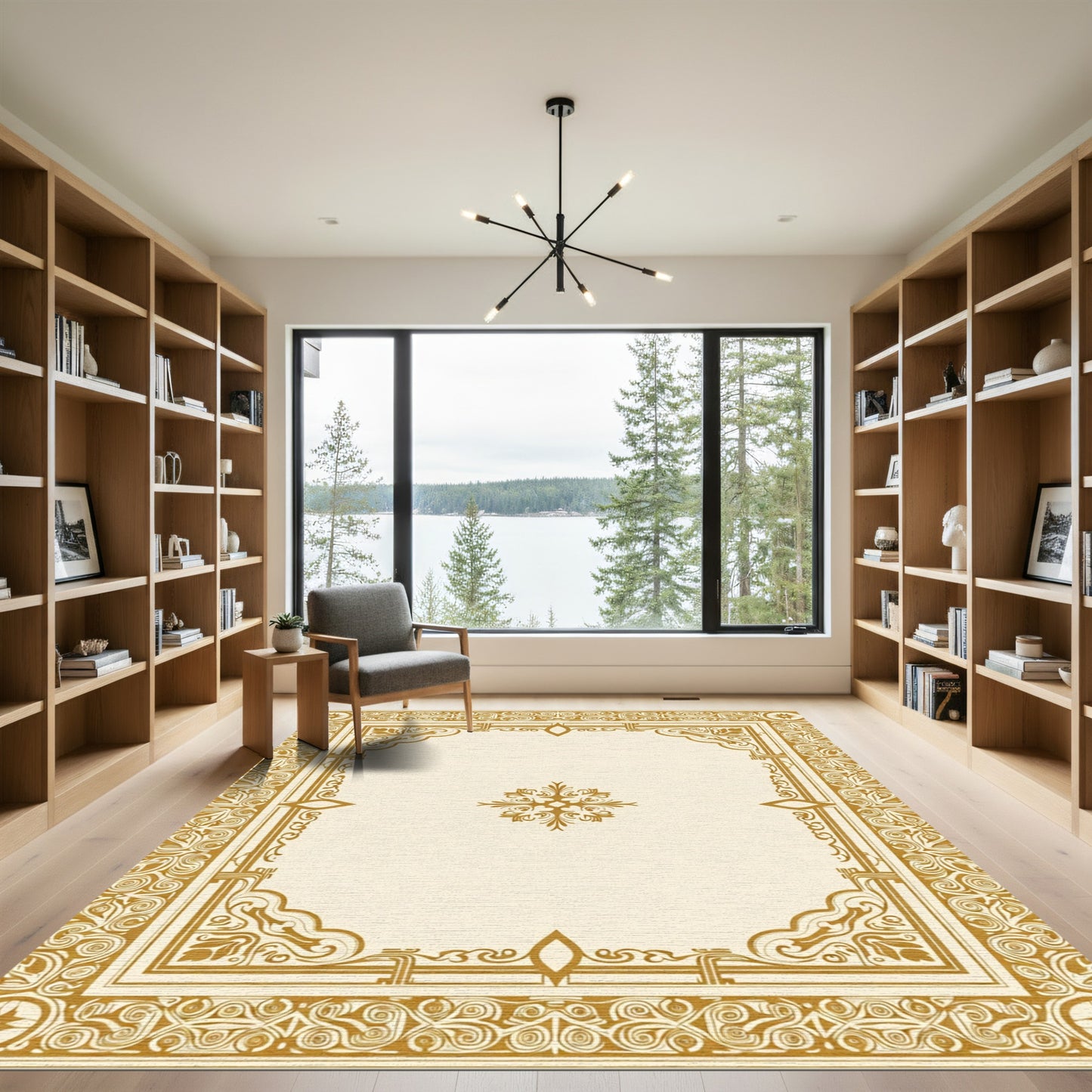Ornate Golden Floral Medallion Frame Rug