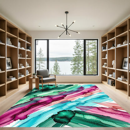 Vibrant Teal and Magenta Abstract Fluid Rug