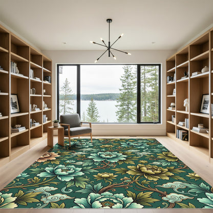Emerald Green Floral Peony Cloud Rug