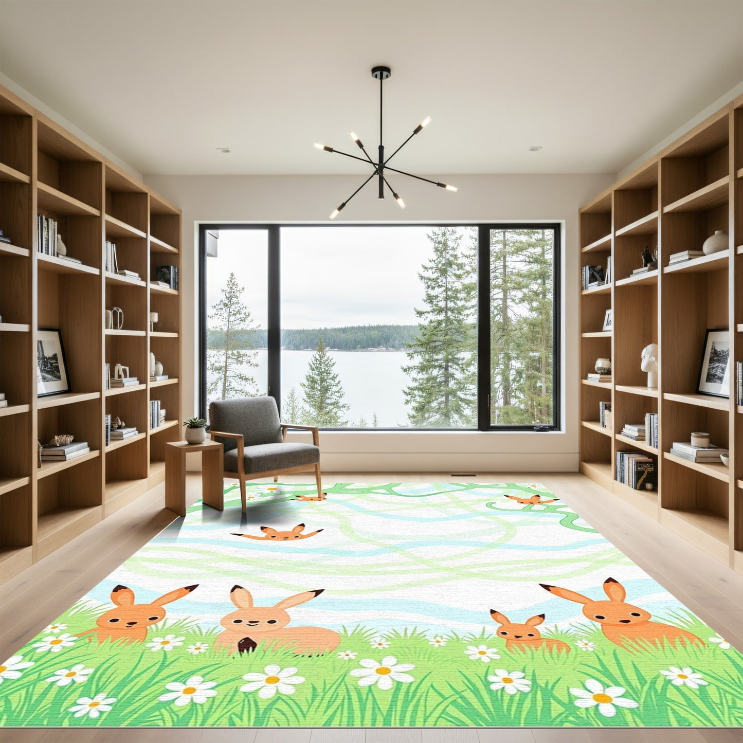 Whimsical Orange Bunny Spring Meadow Rug