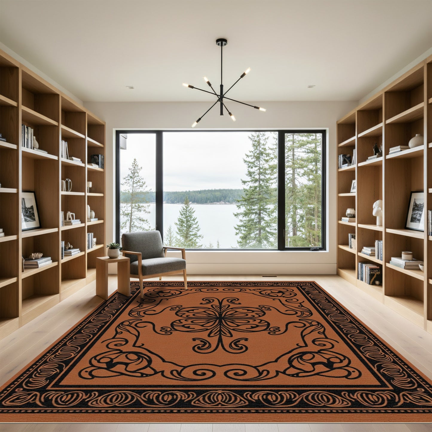 Terracotta Black Floral Art Nouveau Rug