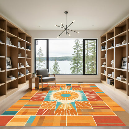 Radiant Orange Sunburst Geometric Rug